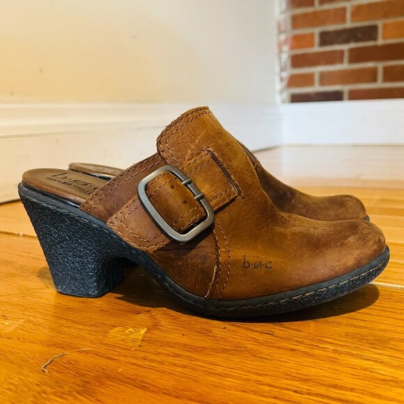 Born Womens Mule Size 8 Brown Leather Block Heel Clog Comfy Shoe - Picture 1 of 14